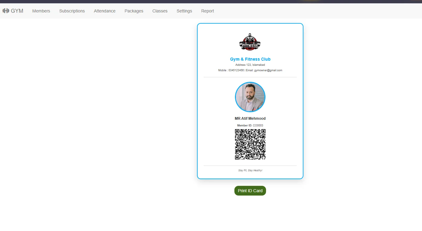 Printable gym member ID card with photo and QR